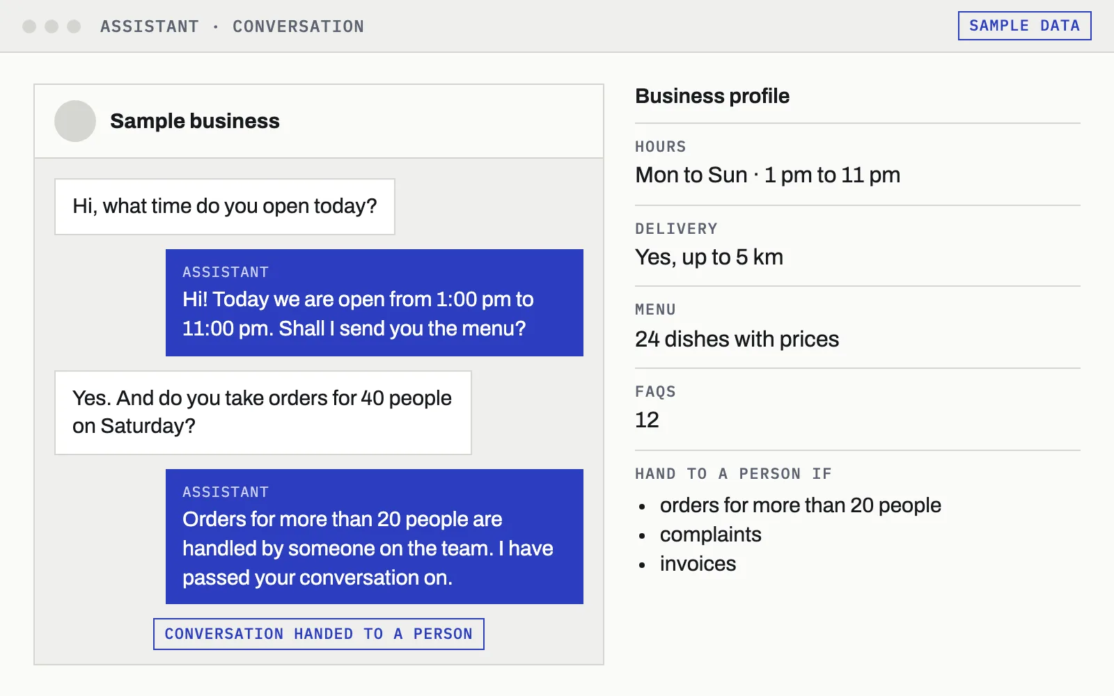 Mock-up of a WhatsApp conversation: a customer asks about opening hours and a large order, the assistant answers and hands over to a person. Beside it, the business profile.